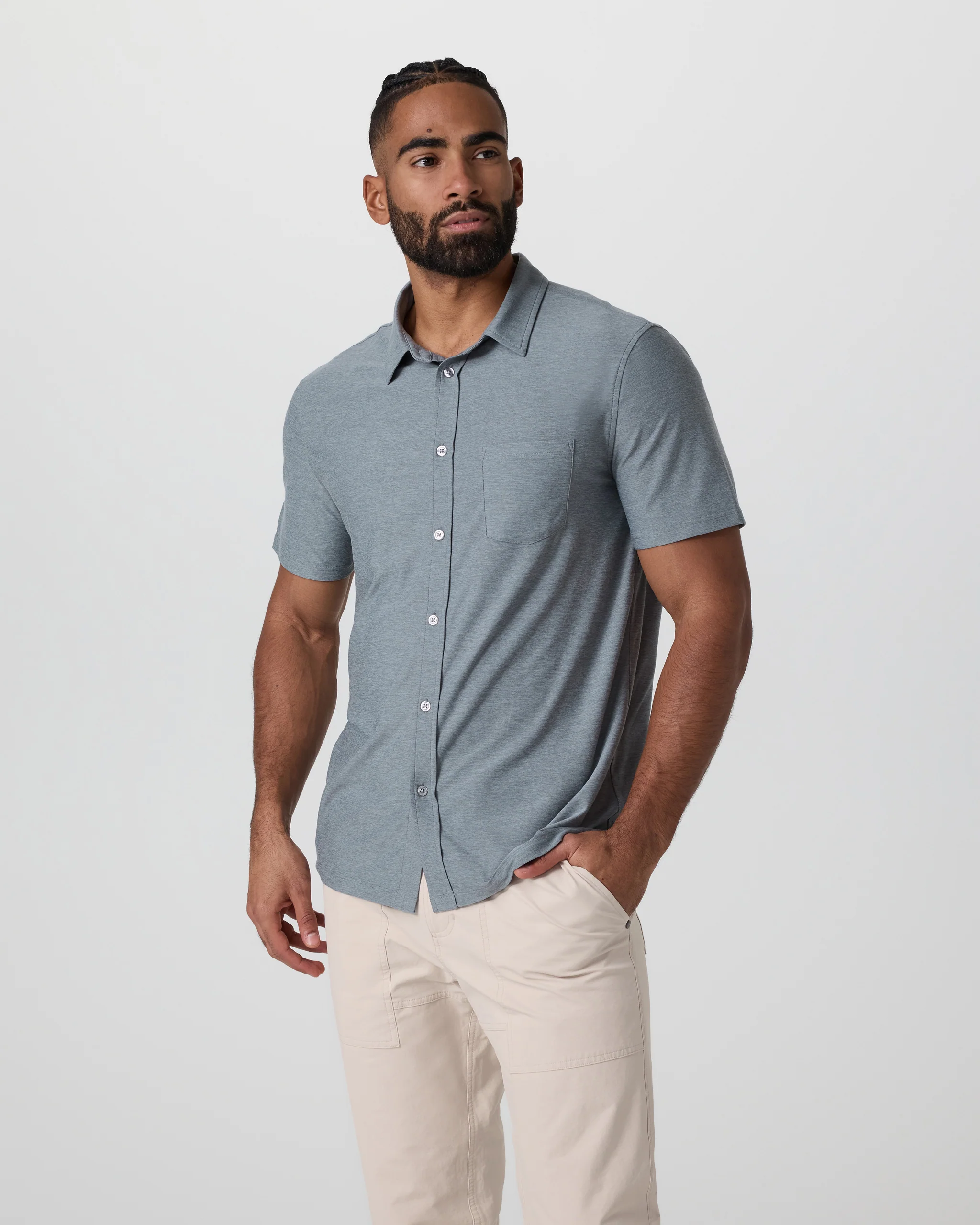 20172-short-sleeve-strato-button-down-dusty-blue-heather-1.webp Short Sleeve Strato Button Down | Dusty Blue Heather