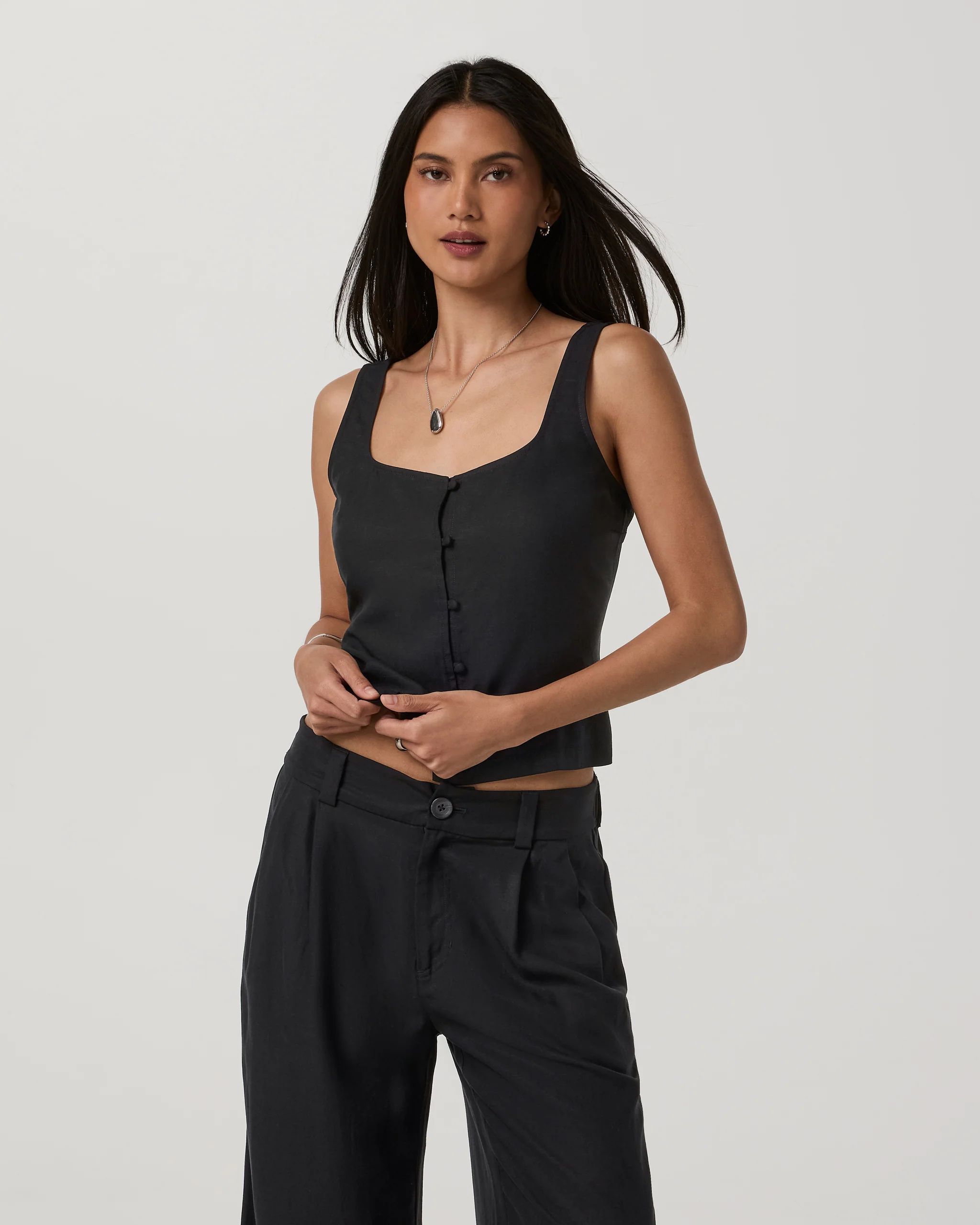 7366-trestles-twill-button-front-top-black-1.webp Trestles Twill Button Front Top | Black