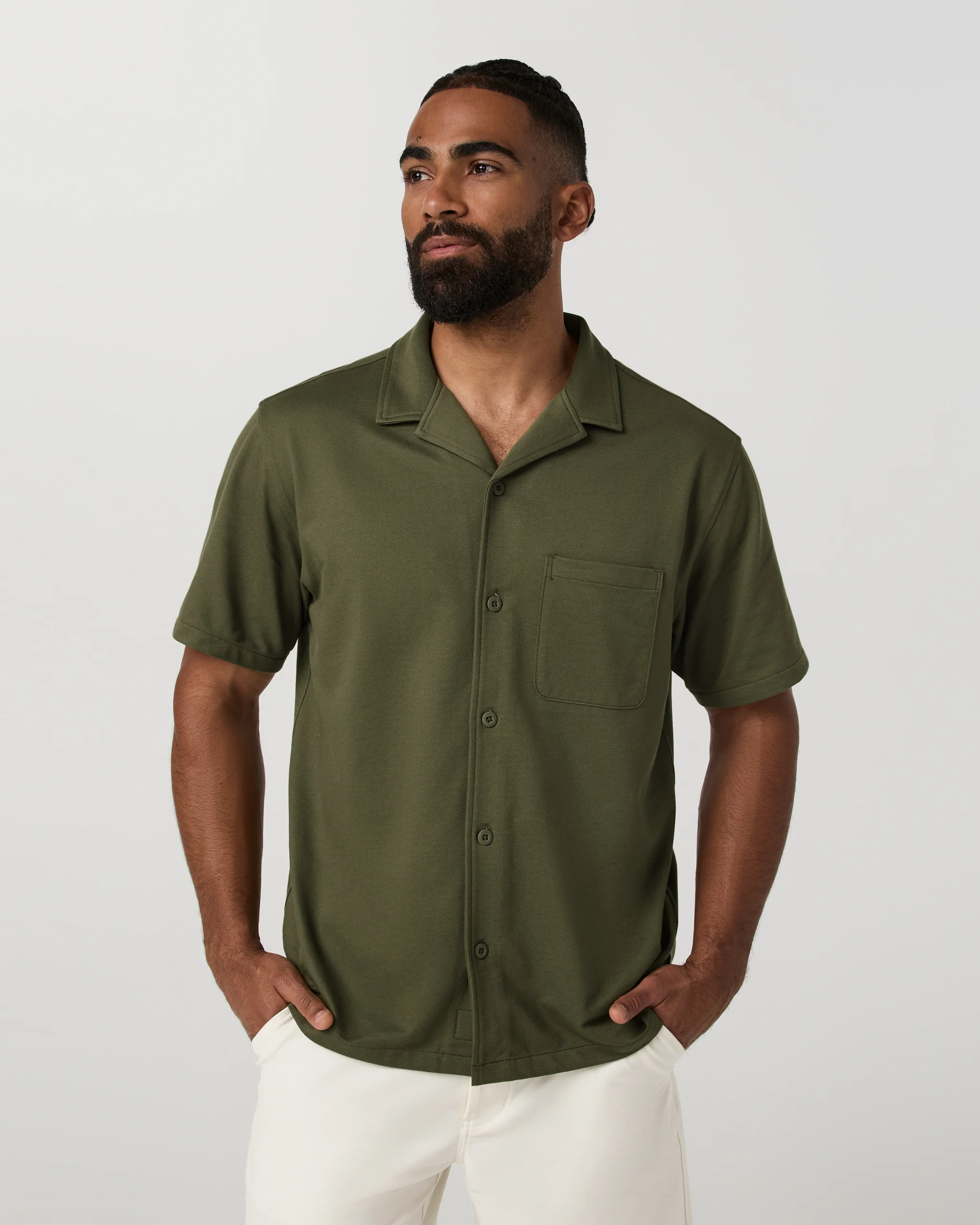 Short Sleeve Knit Oxford Camp Collar Button Down | Herb