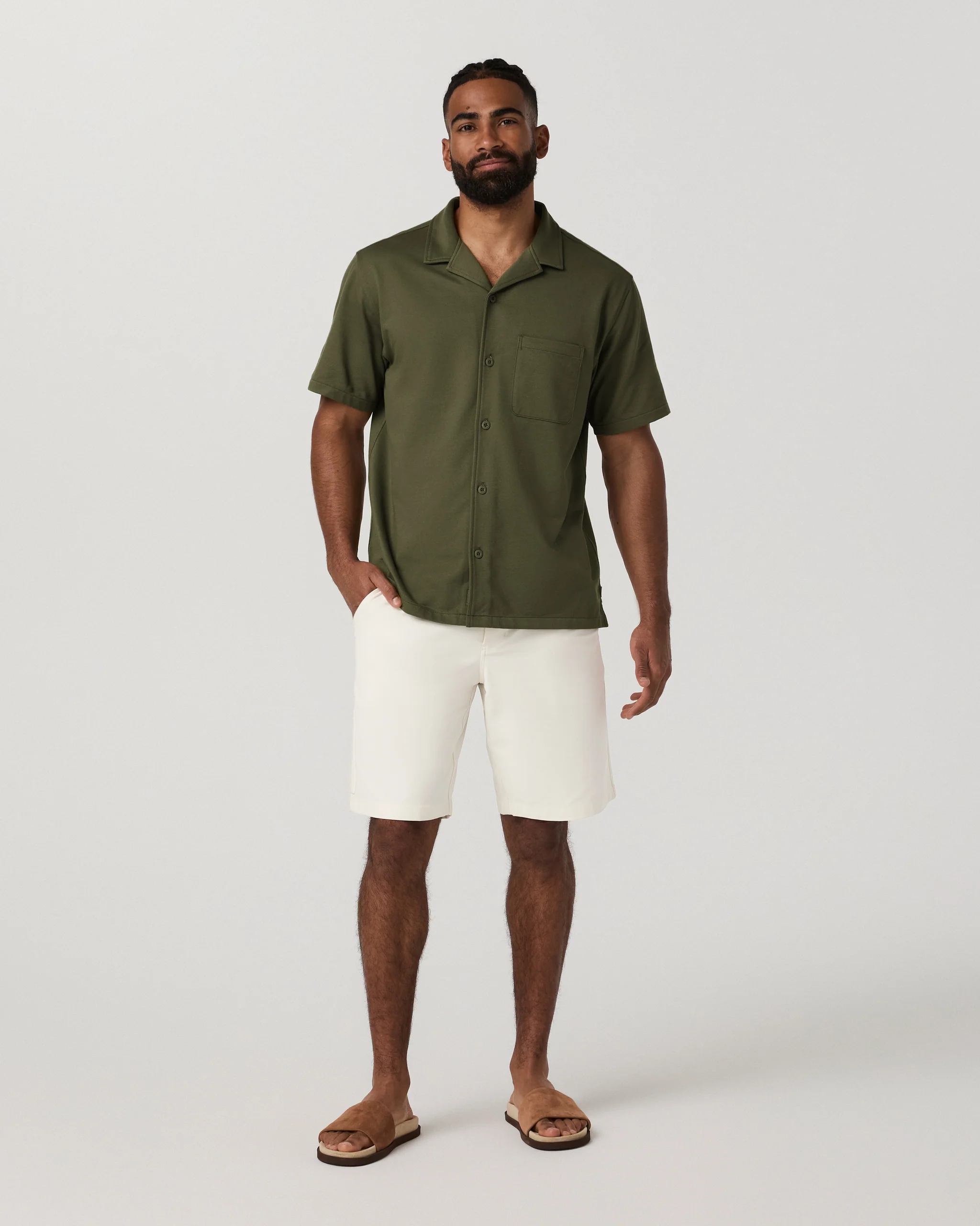 Short Sleeve Knit Oxford Camp Collar Button Down | Herb