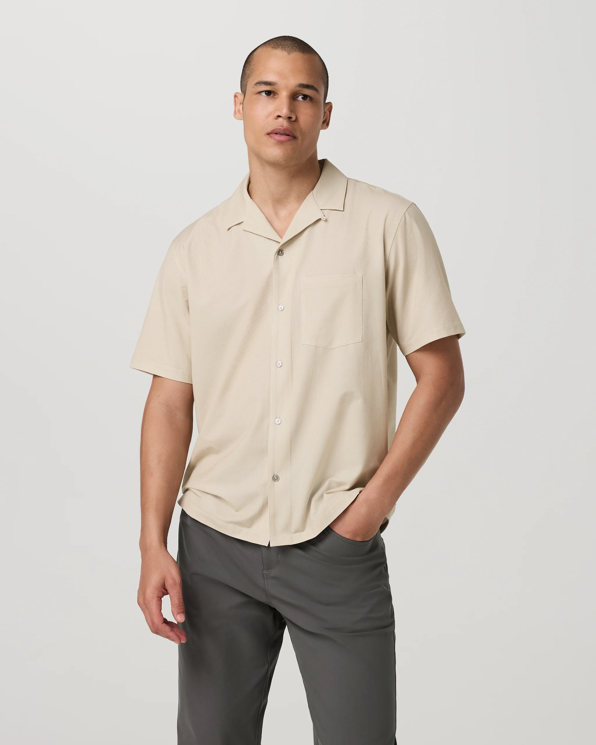Short Sleeve Bridge Shirt - Camp Collar | Golden Brown Micro Stripe